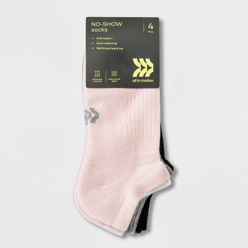 Women's Cushioned 4pk No Show Athletic Socks - All In Motion Pink 4-10