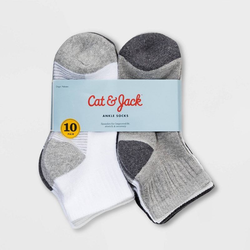 Boys' 10pk Ankle Socks - Cat & Jack White/Gray/Black S