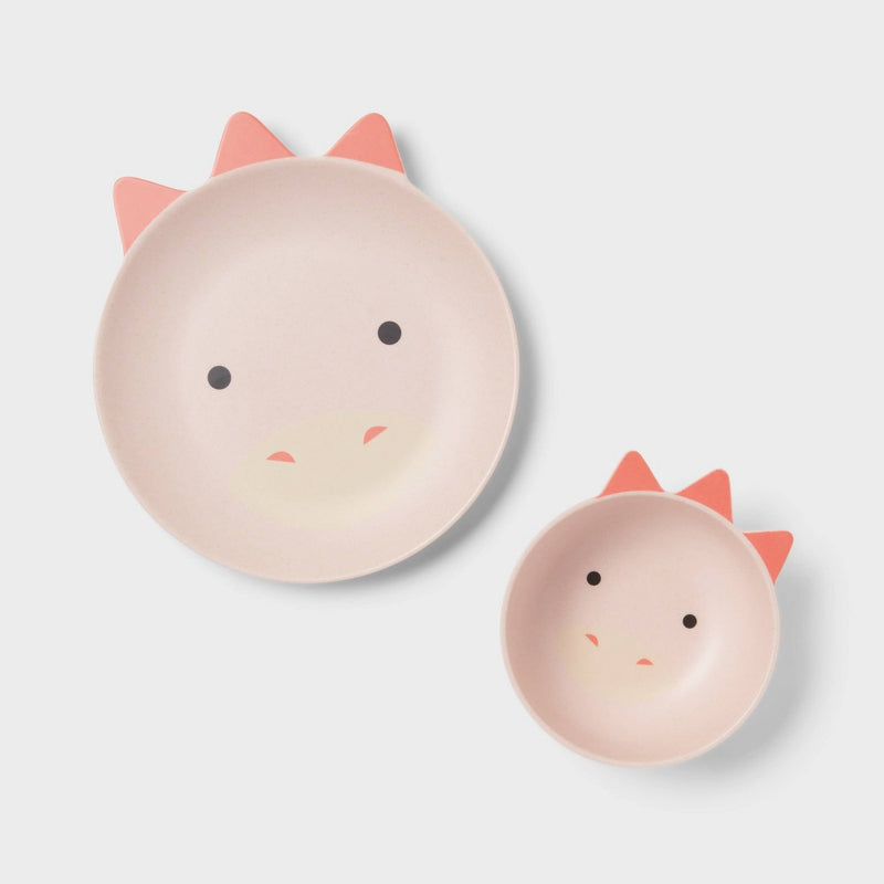 Kids' 2pc Bamboo and Melamine Dino Dinnerware Set Pink - Pillowfort