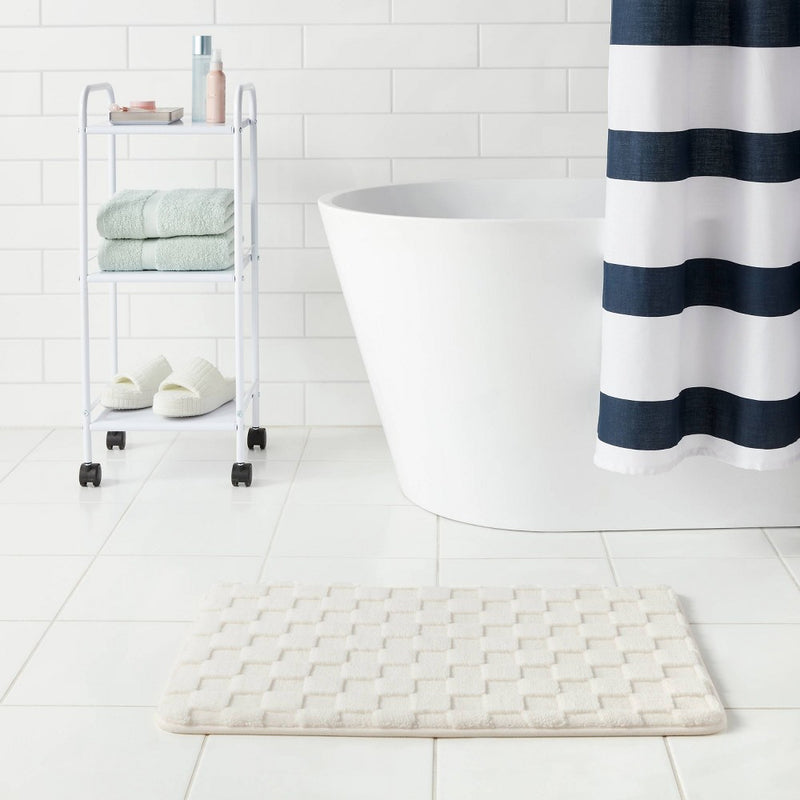 20"x30" Everyday Checked Cushion Bath Rug White - Room Essentials: Knitted Polyester, Machine Washable, PVC Foam Backing