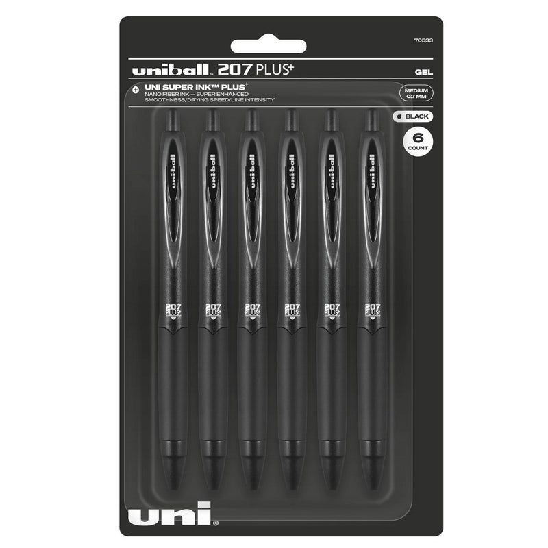 uniball 6pk 207 Plus+ Gel Pen 0.7mm Medium Point Black Ink Black Barrel
