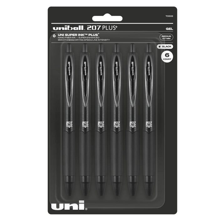uniball 6pk 207 Plus+ Gel Pen 0.7mm Medium Point Black Ink Black Barrel