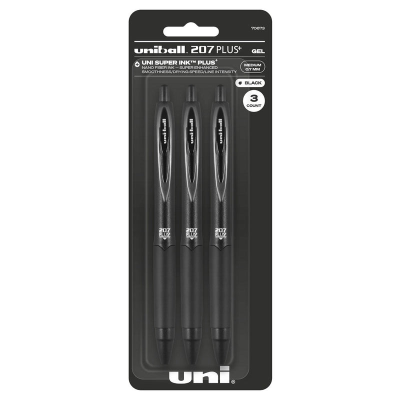 uniball 3pk 207 Plus+ Gel Pen 0.7mm Medium Point Black Ink