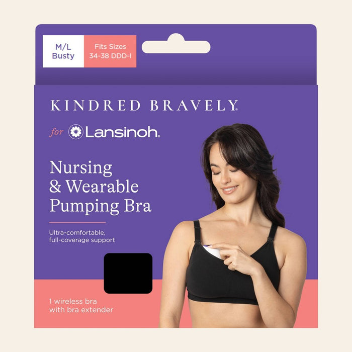 Kindred Bravely for Lansinoh, Nursing and Wearable Pumping Bra - M/L Busty - Black