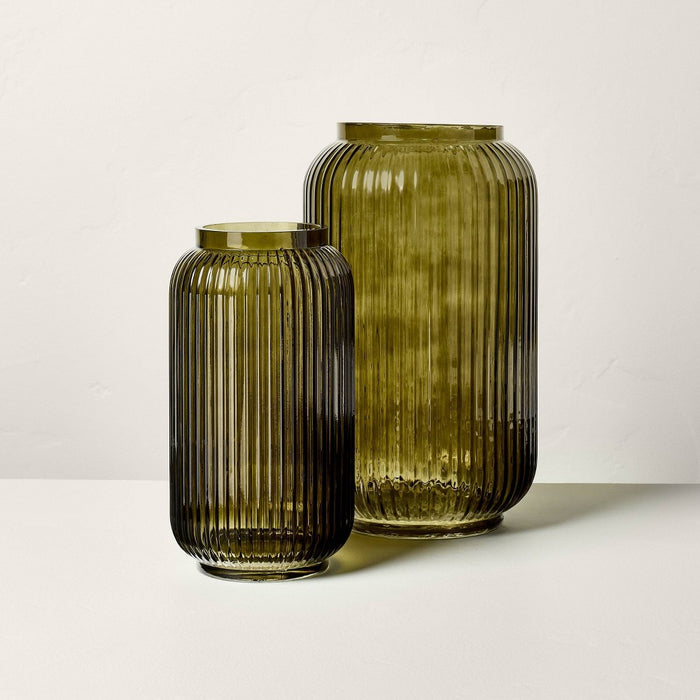 12" Tinted Glass Ribbed Jug Vase Olive Green - Hearth & Hand with Magnolia