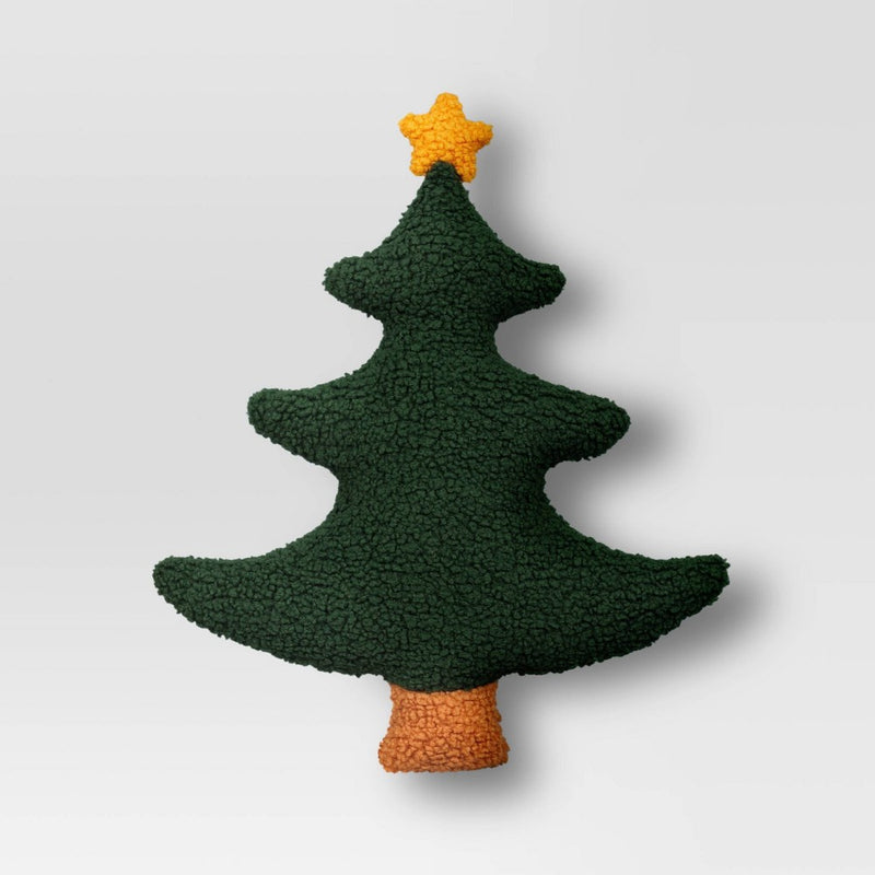Shaped Christmas Tree Faux Shearling Throw Pillow Green - Wondershop