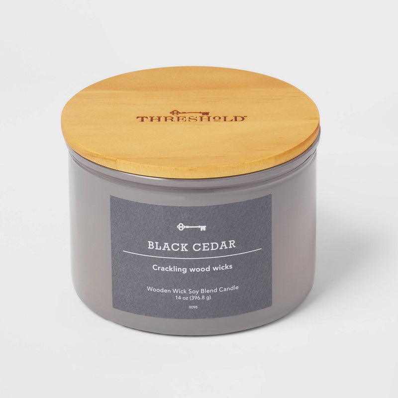 14oz Lidded Gray Glass Jar Crackling Wooden 3-Wick Candle with Paper Label Black Cedar - Threshold: Soy & Paraffin Wax, 21hr Burn Time