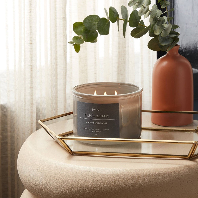 14oz Lidded Gray Glass Jar Crackling Wooden 3-Wick Candle with Paper Label Black Cedar - Threshold: Soy & Paraffin Wax, 21hr Burn Time