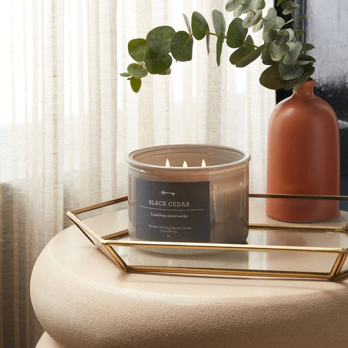 14oz Lidded Gray Glass Jar Crackling Wooden 3-Wick Candle with Paper Label Black Cedar - Threshold: Soy & Paraffin Wax, 21hr Burn Time