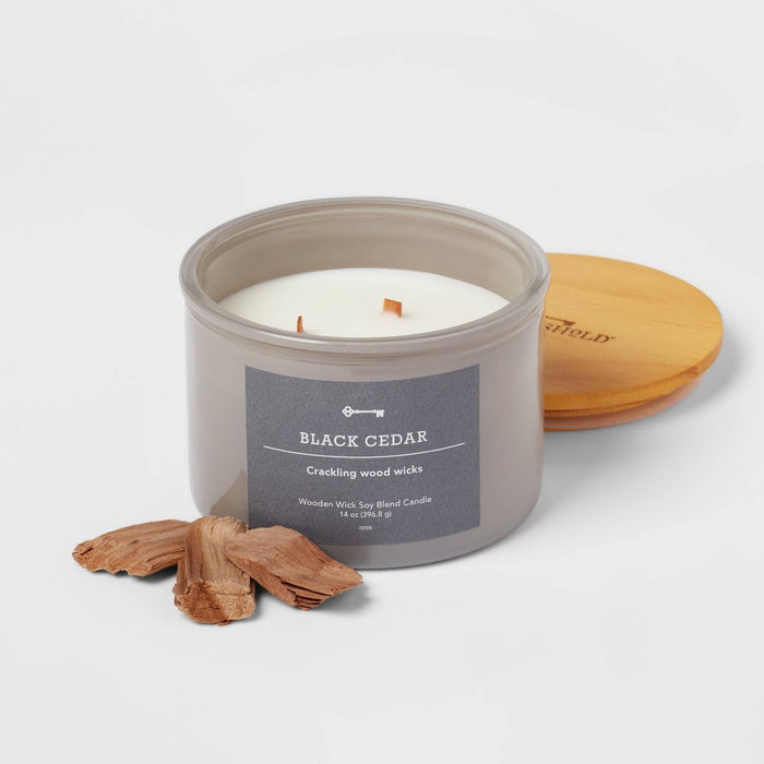 14oz Lidded Gray Glass Jar Crackling Wooden 3-Wick Candle with Paper Label Black Cedar - Threshold: Soy & Paraffin Wax, 21hr Burn Time