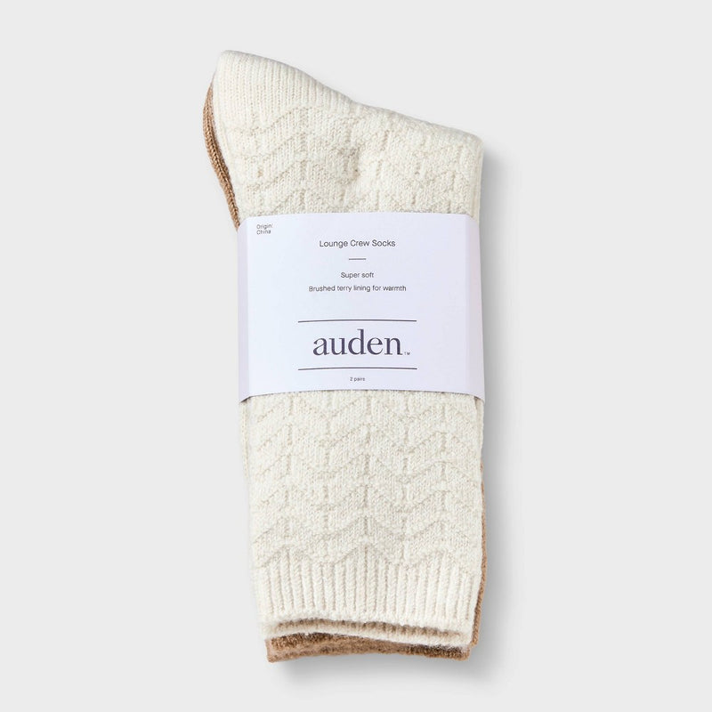 Women's Brushed Terry Lined 2pk Cozy Crew Socks - Auden Ivory/Beige 4-10