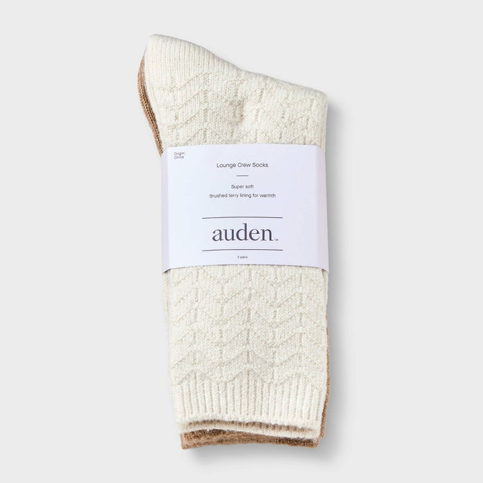 Women's Brushed Terry Lined 2pk Cozy Crew Socks - Auden Ivory/Beige 4-10