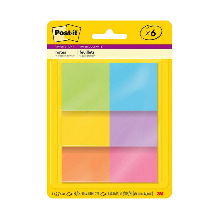 Post-it Super Sticky Notes, 1 7/8 in. x 1 7/8 in., Energy Boost Collection, 6 Pads/Pack, 45 Sheets/Pad