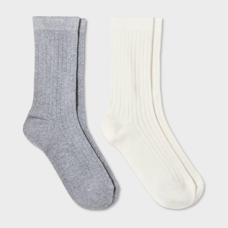 Women's 2pk Flat Knit Wide Ribbed Crew Socks - Ivory/Heather Gray 4-10