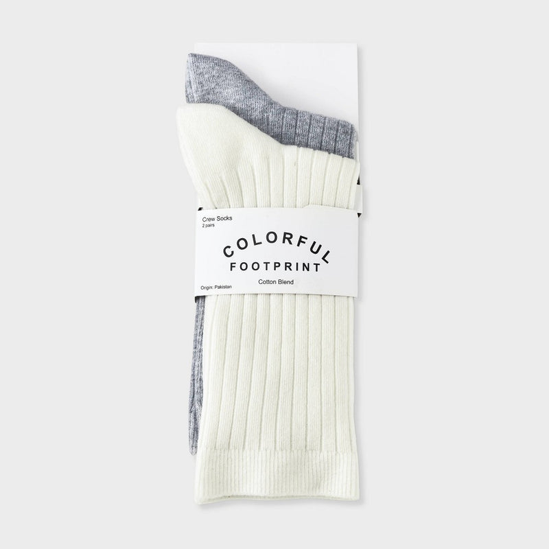 Women's 2pk Flat Knit Wide Ribbed Crew Socks - Ivory/Heather Gray 4-10