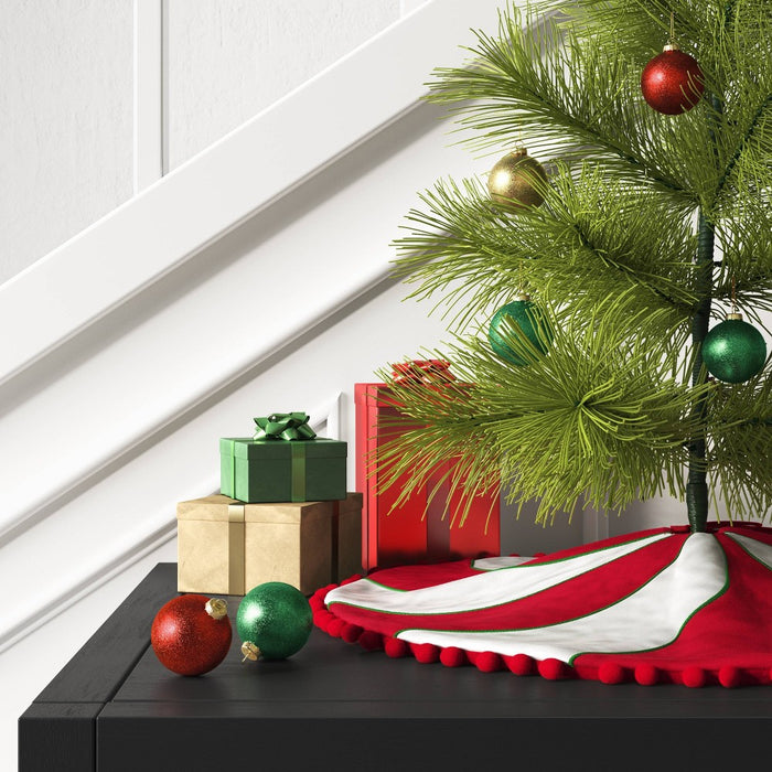 16" Reversible Peppermint Swirl to Solid Mini Christmas Tree Skirt with Pom Poms Red/White - Wondershop