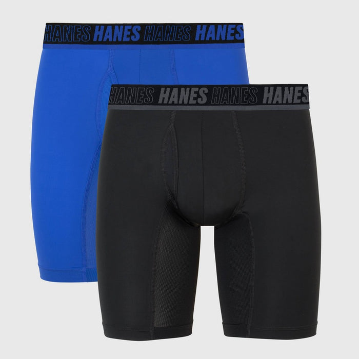 Hanes Moves Premium Men's Anti-Chafe X-Temp Long Leg Boxer Briefs 2pk - Black/Teal Blue M