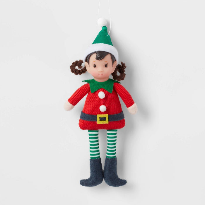 Fabric Elf Child with Braids and Green Hat Christmas Tree Ornament - Wondershop