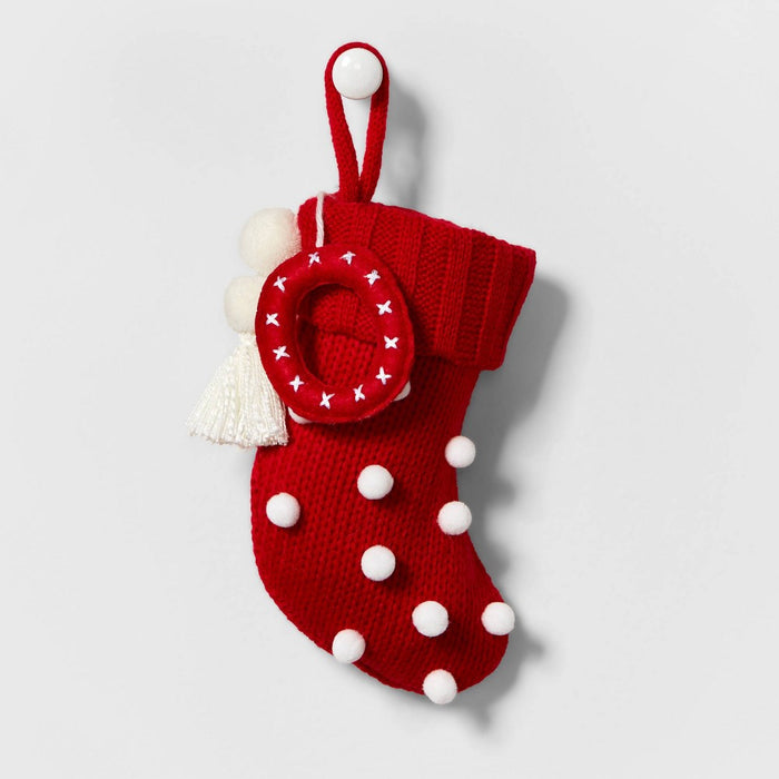 Mini Knit Monogram Christmas Stocking with Poms Red O - Wondershop