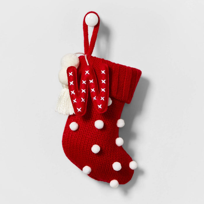 Mini Knit Monogram Christmas Stocking with Poms Red W - Wondershop