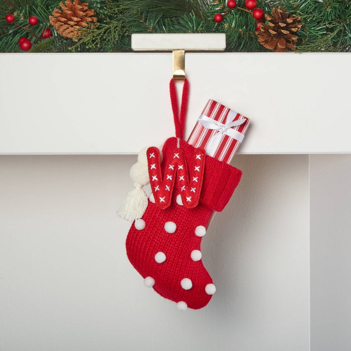 Mini Knit Monogram Christmas Stocking with Poms Red W - Wondershop