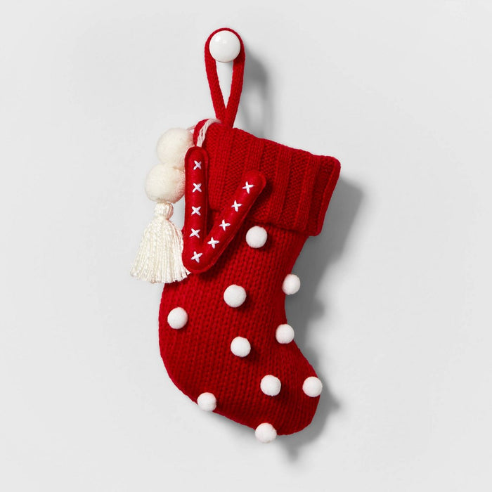 Mini Knit Monogram Christmas Stocking with Poms Red V - Wondershop
