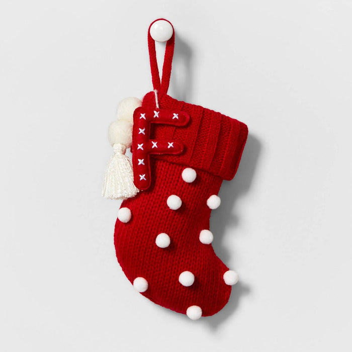 Mini Knit Monogram Christmas Stocking with Poms Red F - Wondershop