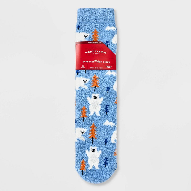 Men's Winter Bears Cozy Crew Socks with Gift Card Holder - Wondershop Blue 6-12