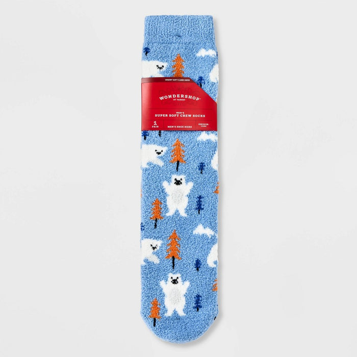 Men's Winter Bears Cozy Crew Socks with Gift Card Holder - Wondershop Blue 6-12