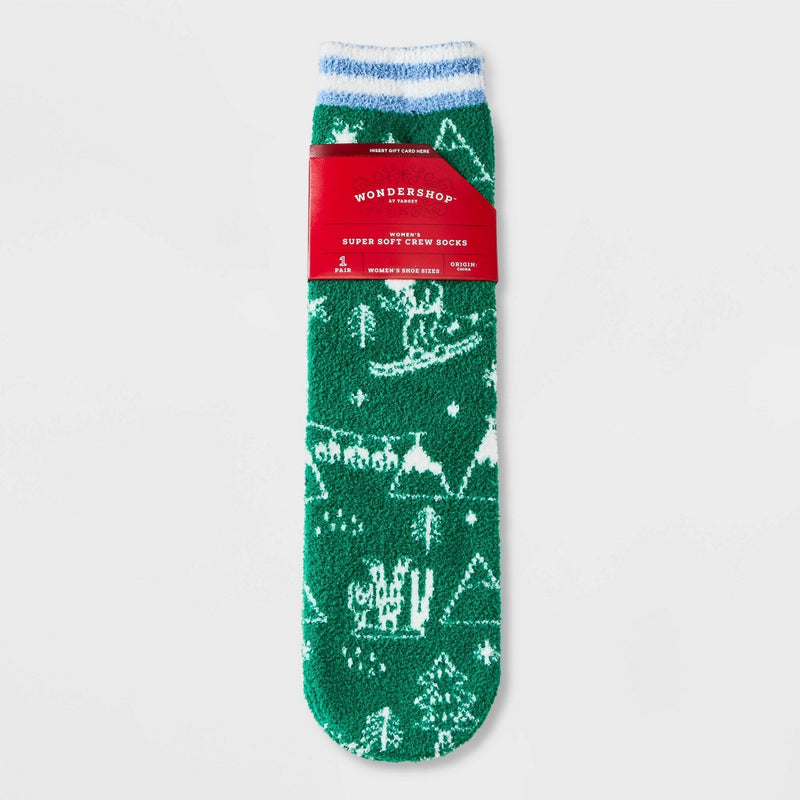 Women's Santa Ski Scene Cozy Crew Socks with Gift Card Holder - Wondershop Green/White 4-10