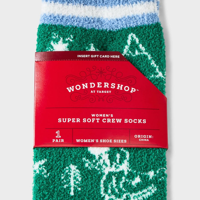 Women's Santa Ski Scene Cozy Crew Socks with Gift Card Holder - Wondershop Green/White 4-10