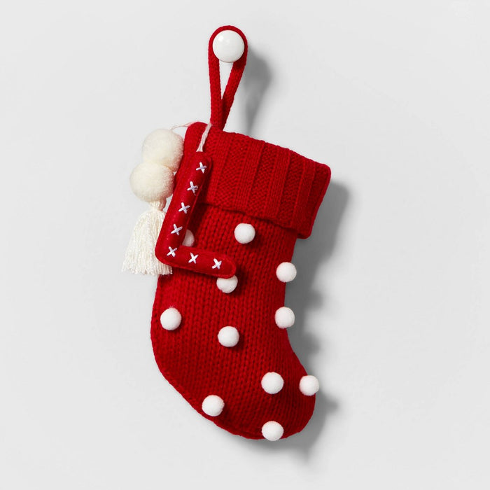 Mini Knit Monogram Christmas Stocking with Poms Red L - Wondershop