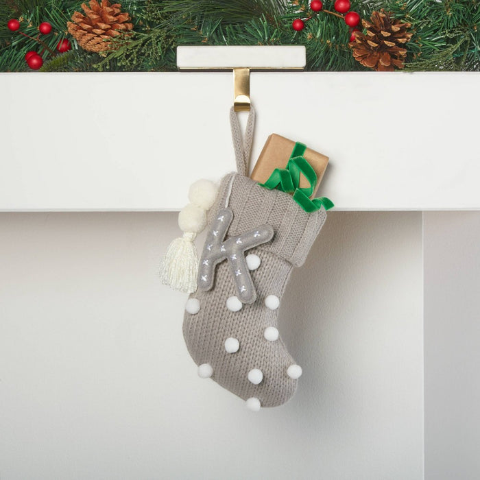 Mini Knit Monogram Christmas Stocking with Poms Gray K - Wondershop