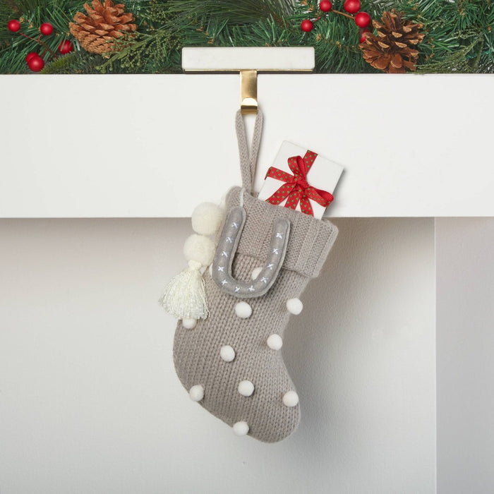 Mini Knit Monogram Christmas Stocking with Poms Gray U - Wondershop
