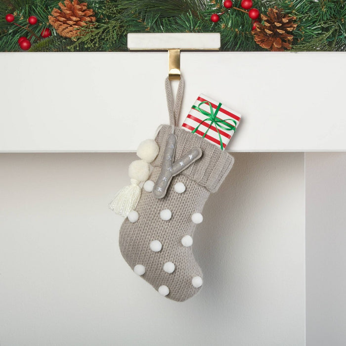 Mini Knit Monogram Christmas Stocking with Poms Gray Y - Wondershop