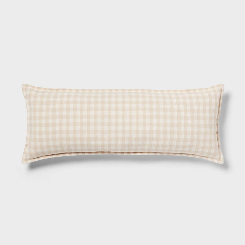 Gingham OS Oblong Dec Pillow Khaki/Ivory - Threshold: Cotton Rectangle Lumbar Support, Indoor Use (LOCAL PICKUP ONLY)