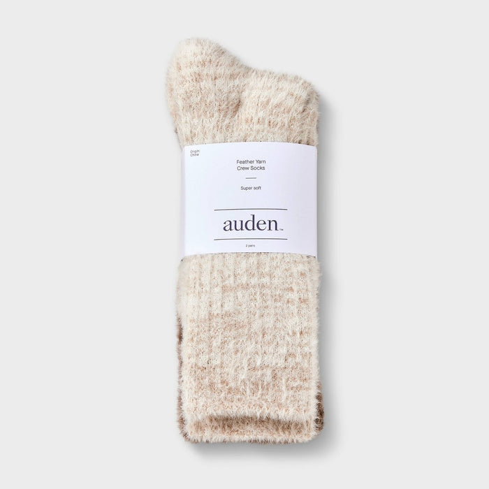 Women's 2pk Feather Cozy Crew Socks - Auden Beige/Brown 4-10