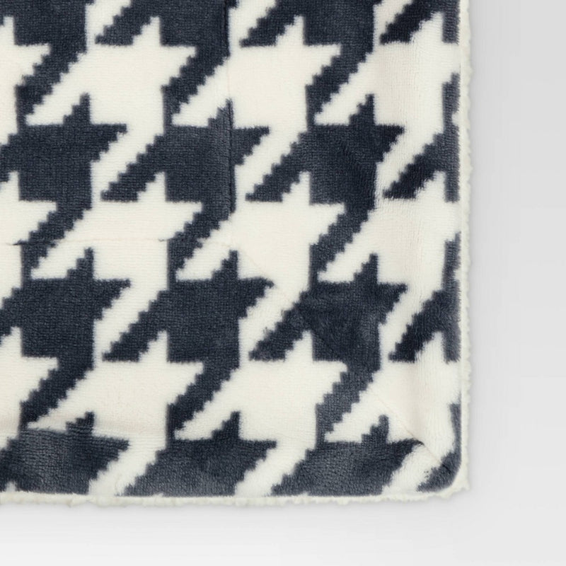 Printed Plush Houndstooth Throw with Faux Shearling Reverse Blue/Cream - Threshold