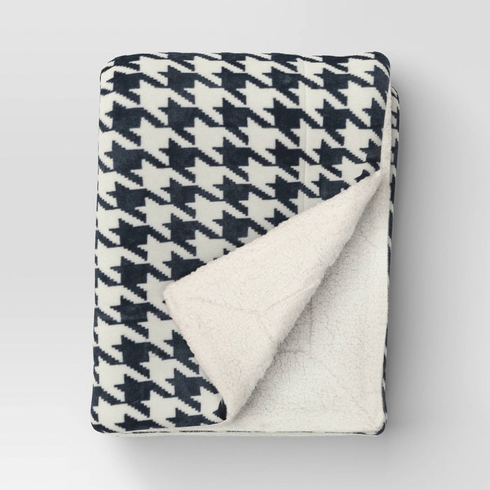 Printed Plush Houndstooth Throw with Faux Shearling Reverse Blue/Cream - Threshold