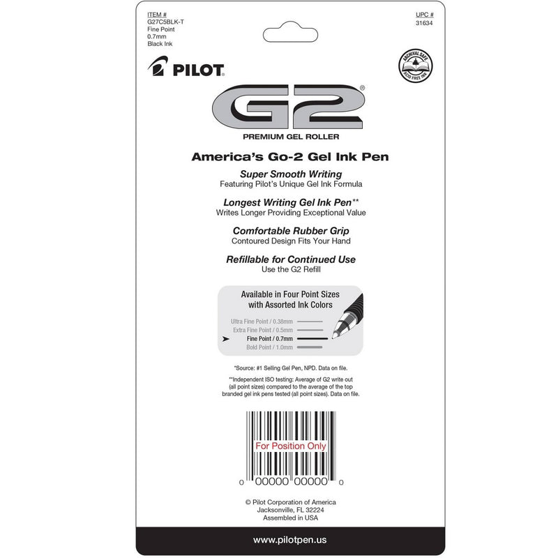 Pilot 5ct G2 Gel Pens Fine Point 0.7mm Black Ink