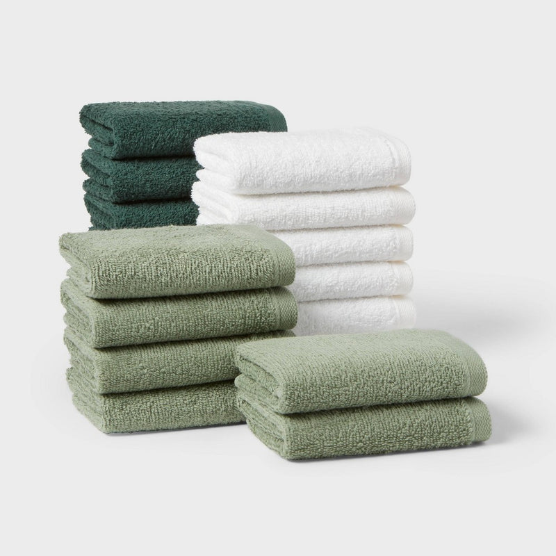 18pk Everyday Washcloths Green/White - Room Essentials