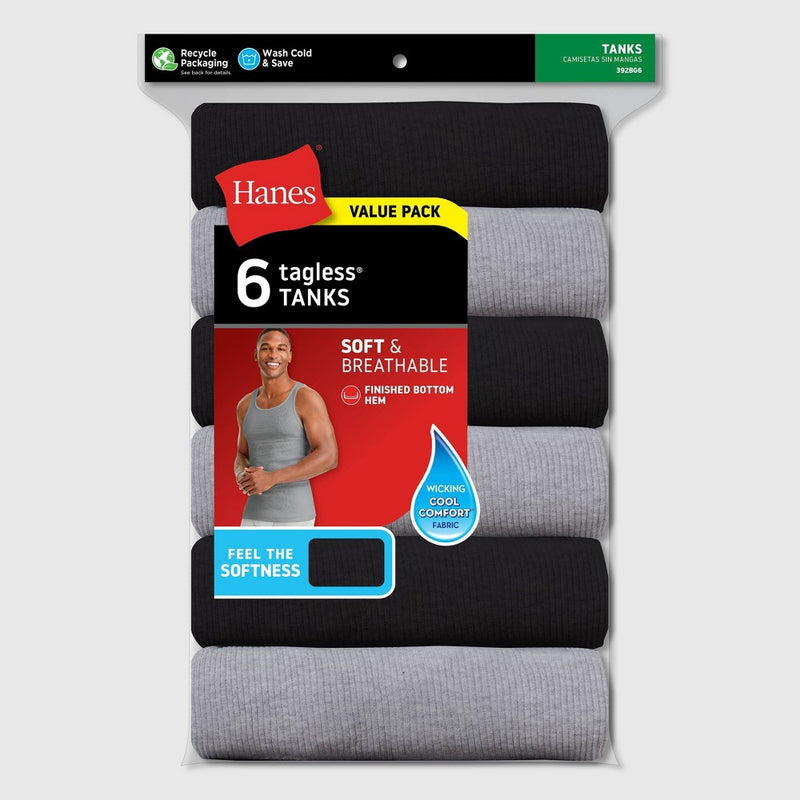 Hanes Men's Ribbed Moisture-Wicking Tank Top Undershirt 6pk - Gray/Black XL