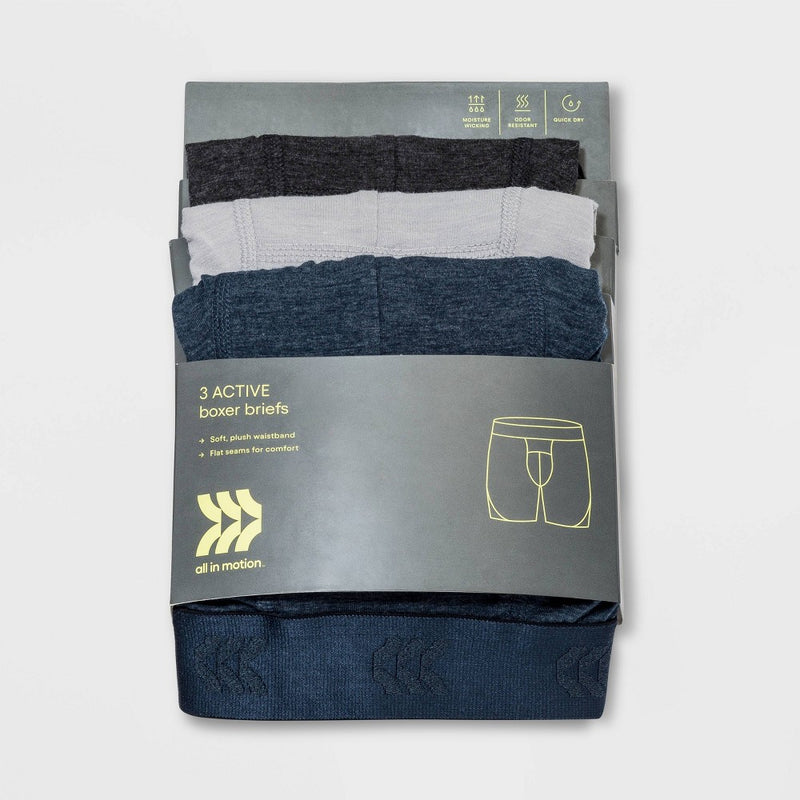 Men's All Day Active 3pk Boxer Briefs - All In Motion Black/Gray/Blue XL
