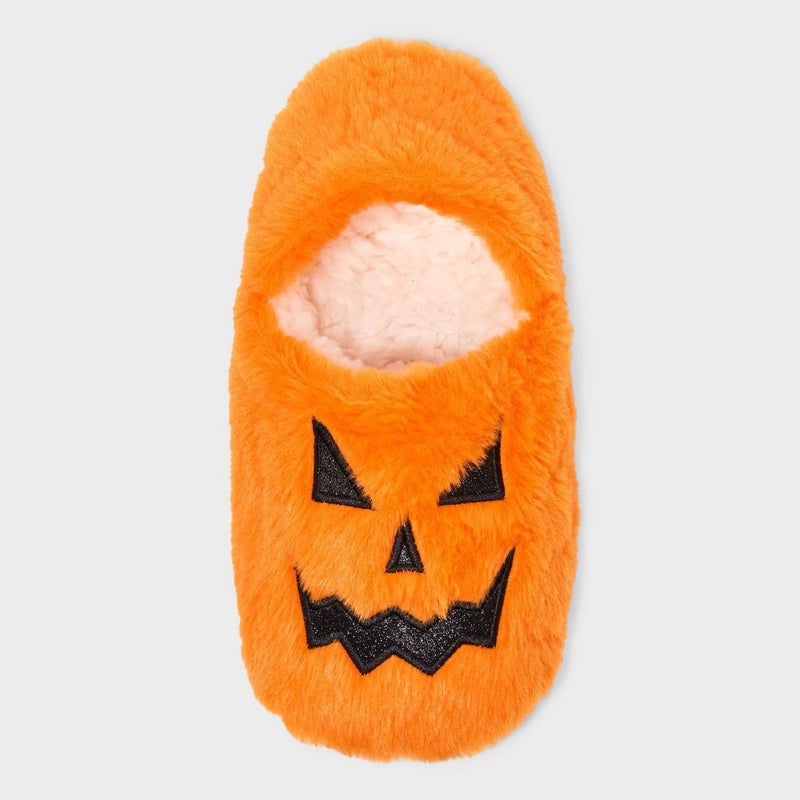 Women's Pumpkin Glitter Embroidered Halloween Faux Fur Pull-On Slipper Socks with Grippers - Hyde & EEK! Boutique Orange/Black M/L
