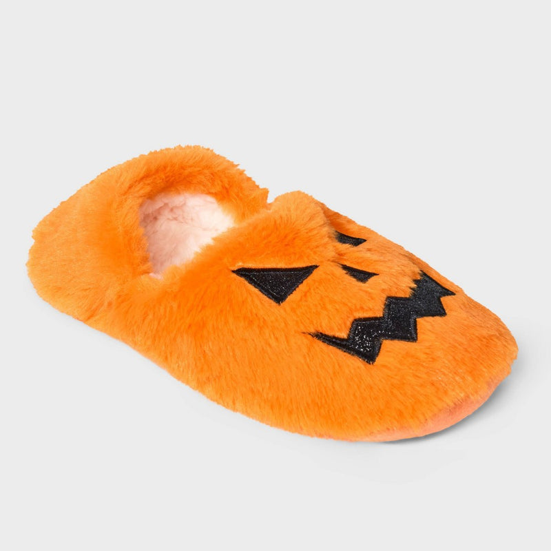 Women's Pumpkin Glitter Embroidered Halloween Faux Fur Pull-On Slipper Socks with Grippers - Hyde & EEK! Boutique Orange/Black M/L