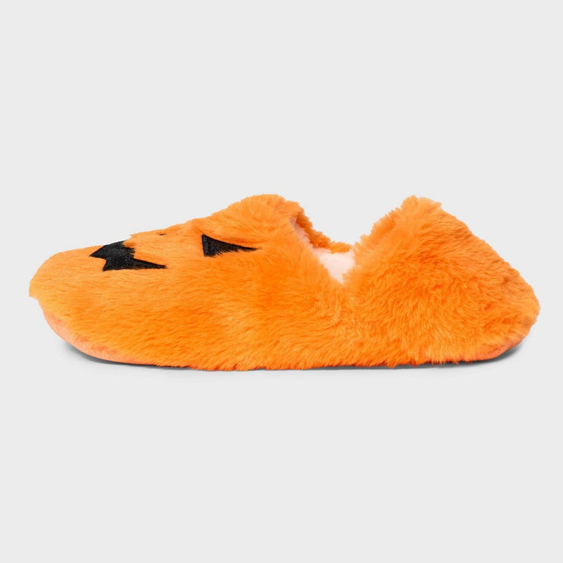 Women's Pumpkin Glitter Embroidered Halloween Faux Fur Pull-On Slipper Socks with Grippers - Hyde & EEK! Boutique Orange/Black M/L