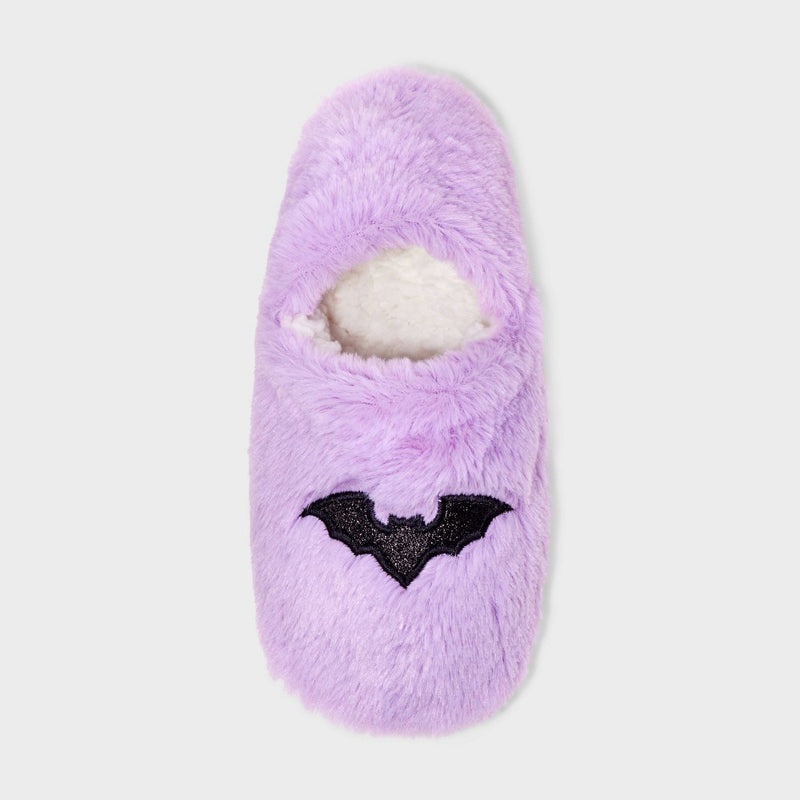 Women's Bat Glitter Embroidered Halloween Faux Fur Pull-On Slipper Socks with Grippers - Hyde & EEK! Boutique Purple/Black M/L