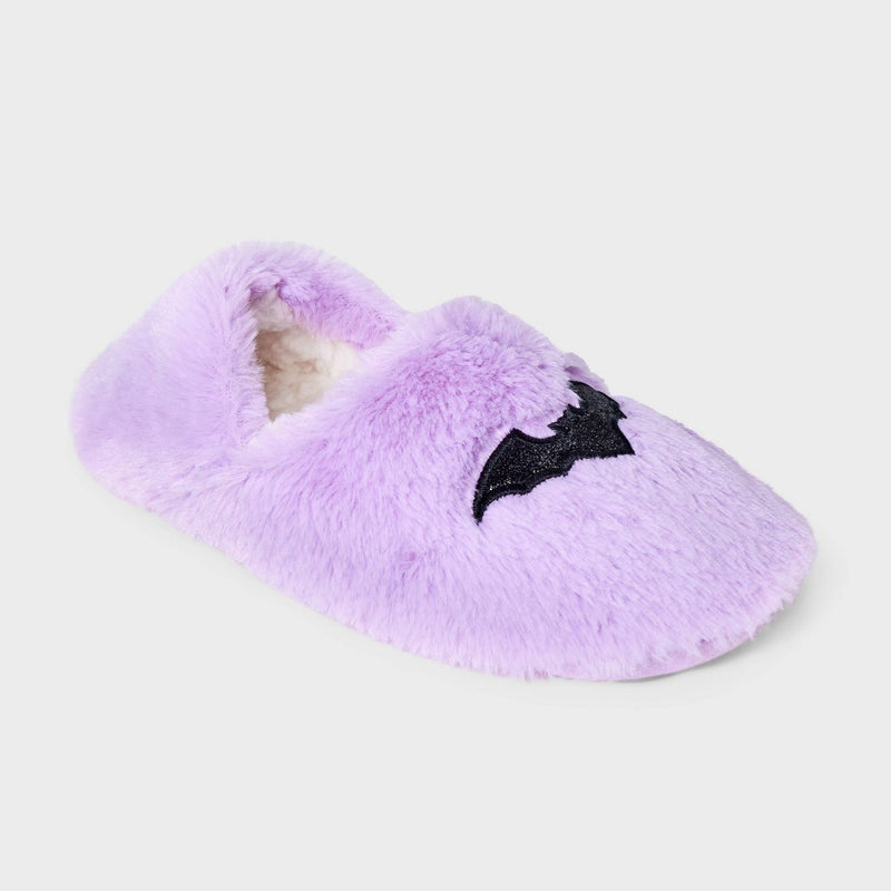 Women's Bat Glitter Embroidered Halloween Faux Fur Pull-On Slipper Socks with Grippers - Hyde & EEK! Boutique Purple/Black M/L