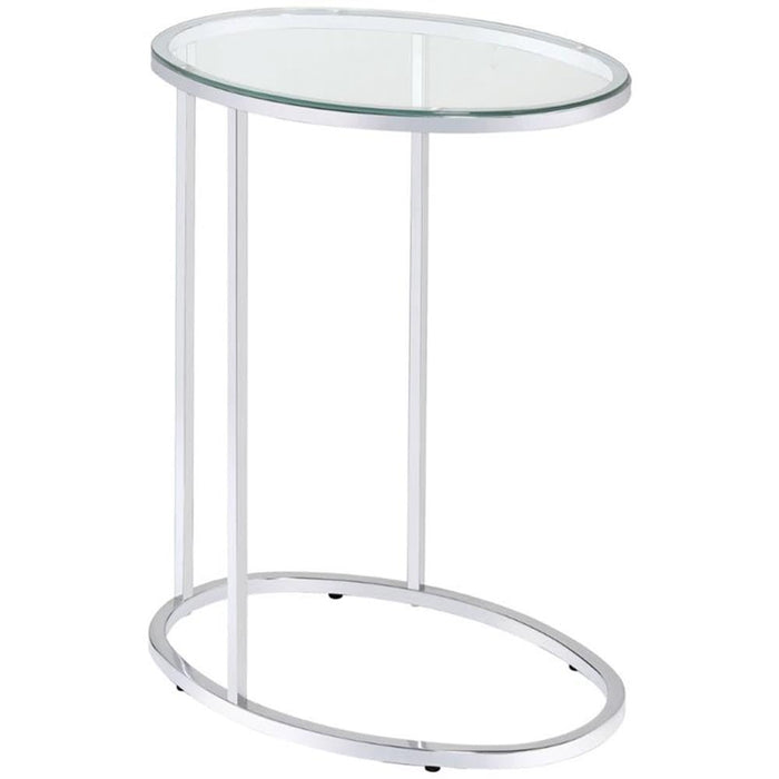 BOWERY HILL End Table Coffee Accent Table, Oval, C Shape Slides Under Couch, Contemporary, Indoor In Glass Top And Metal, Chrome249