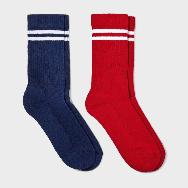 Women's Striped 2pk Cushioned Ribbed Crew Socks - Red/Navy 4-10
